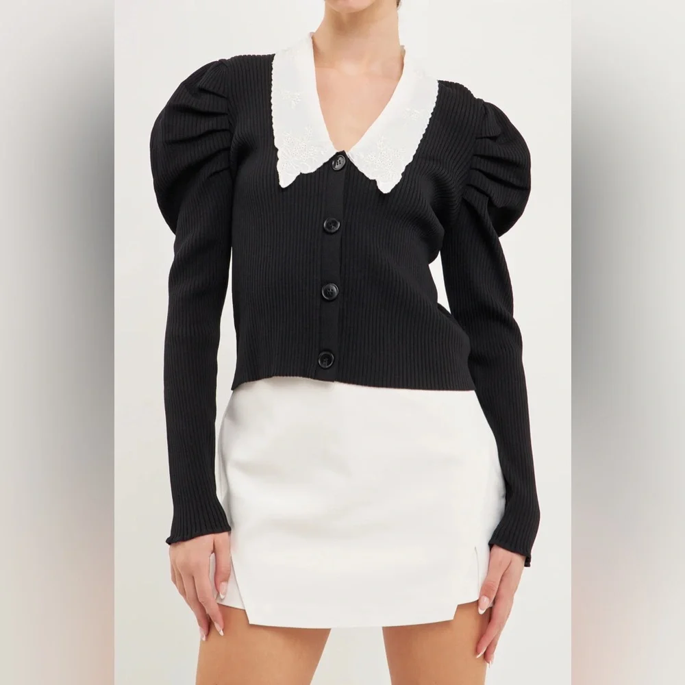Embroidered Collar Knit Cardigan | Black Collared Cardigan - Picture 1 of 8